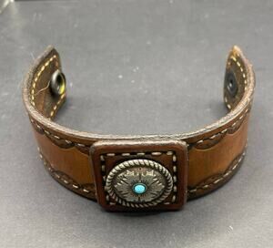 Western Leather Cuff Bracelet Hand Tooled Southwestern Concho Turquoise Snap